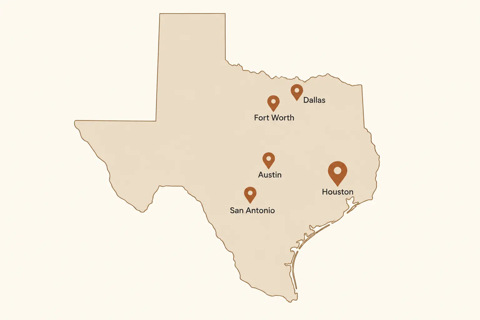 Texas map with Houston, Dallas, Austin and San Antonio